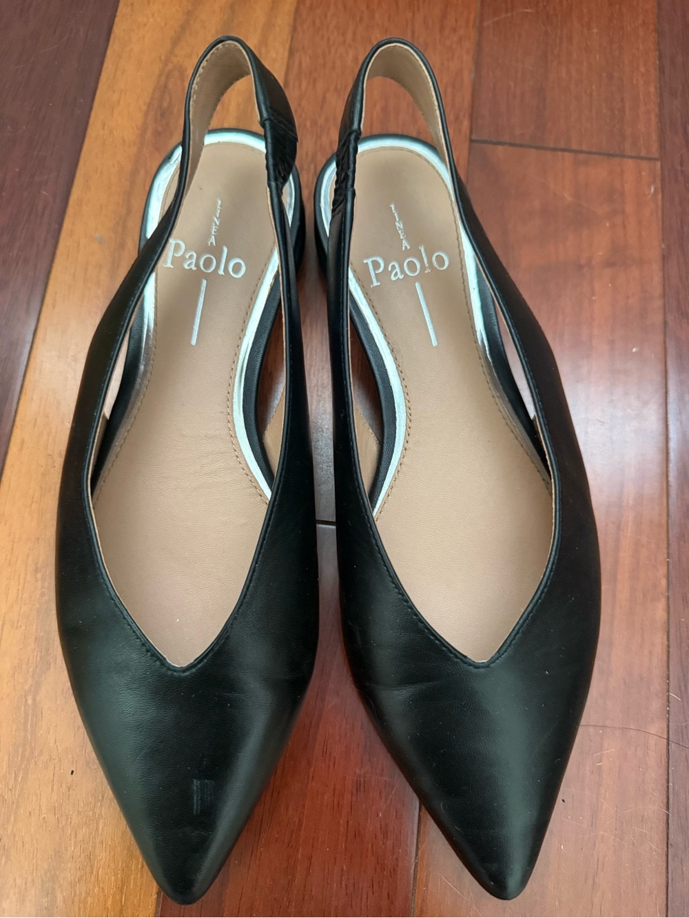 Paolo Black Pointed Slingback Flats with Tan Insole